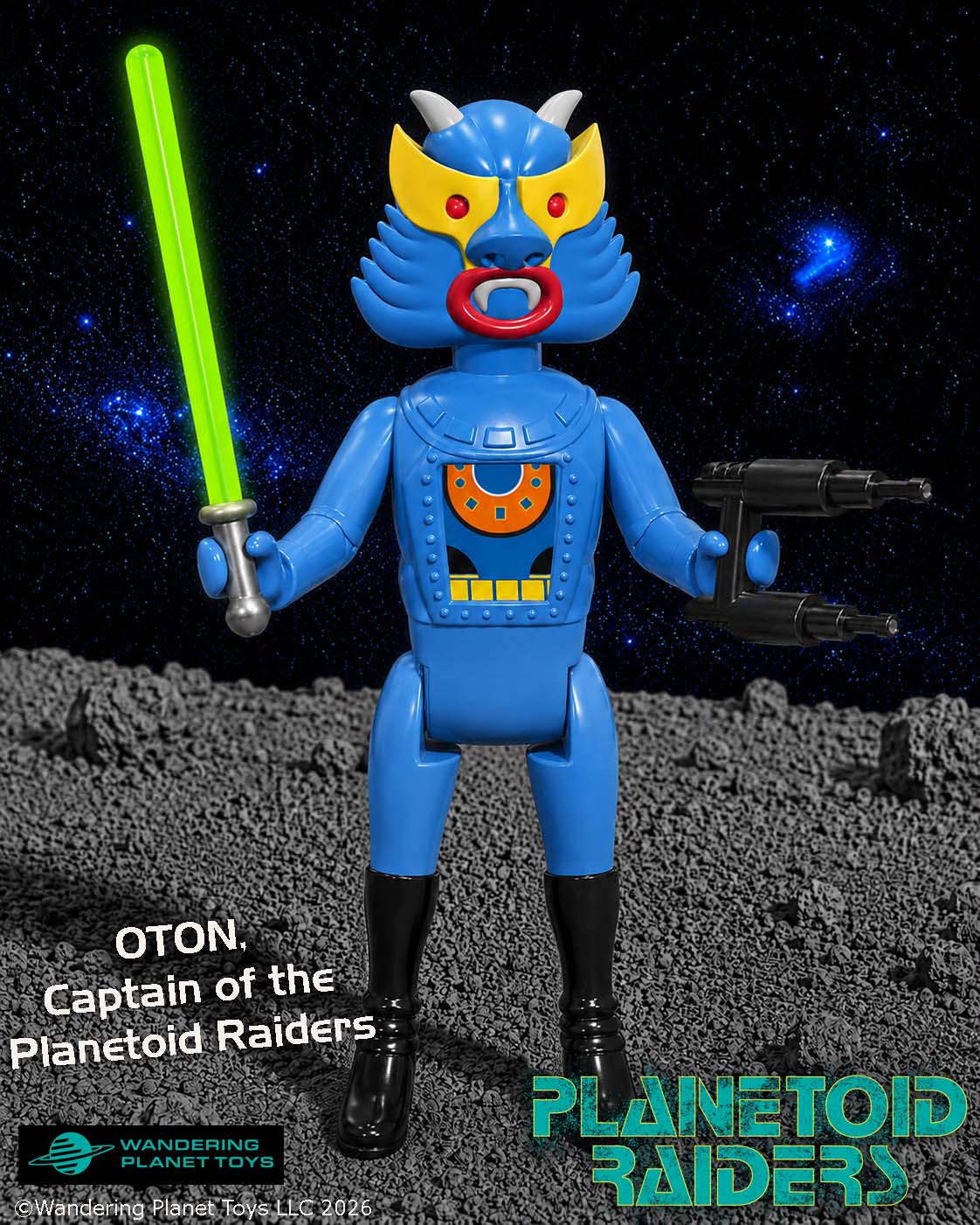 Action figure of Oton, a blue humanoid alien with fangs, wearing a red and yellow mask, holding a green sword and black gun, standing on a rocky surface with a starry space background.