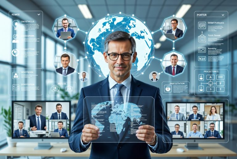 Outstaffing Services Explained: A Practical Guide For Tech Leaders Businessman holds transparent digital tablet; behind him are virtual screens displaying global business network, professional profiles, and video conference participants in a modern office setting.