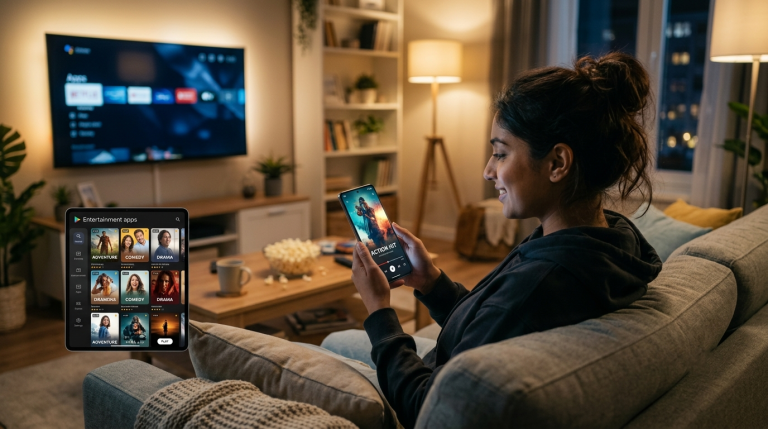 Top 5 Entertainment Apps For Android Like Pikashow (Free Options) In India A woman sits on a couch in a cozy living room, using a smartphone to select a movie while a TV and tablet display streaming app interfaces.