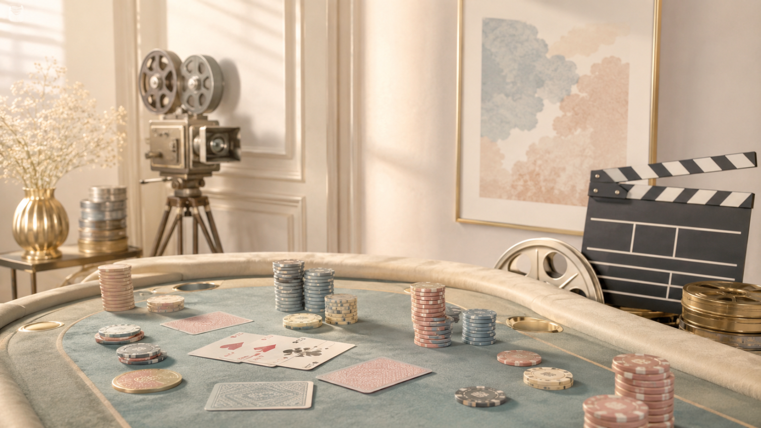 A poker table with chips, cards, and card protectors is set up in a room decorated with a film reel, vintage camera, and clapboard.