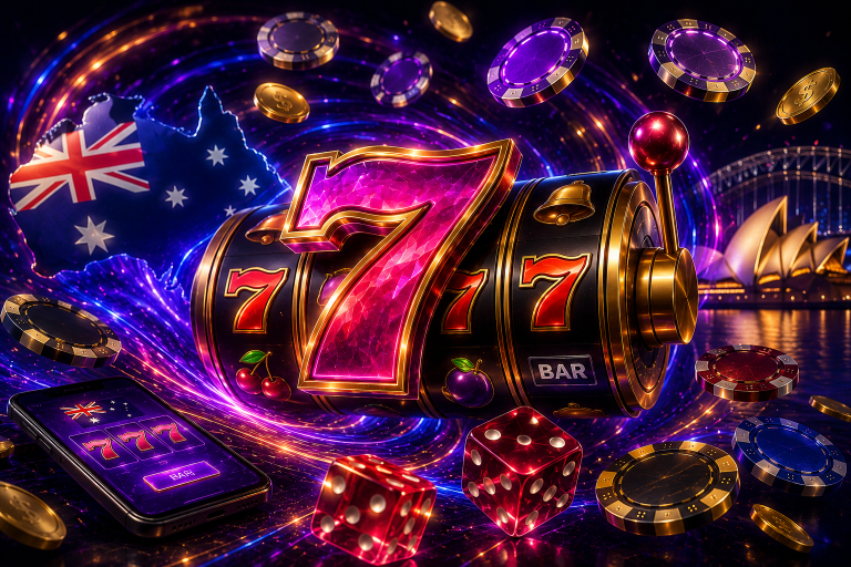 A slot machine with three sevens is surrounded by casino chips, dice, and the Australian flag, with the Sydney Opera House in the background and a smartphone displaying "777".