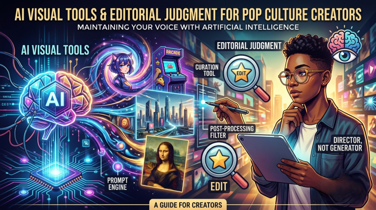 How Pop Culture Creators Can Use AI Visual Tools Without Losing Editorial Judgment A person with a tablet reviews AI-generated visuals, including digital art and arcade imagery, highlighting the balance between AI tools and editorial judgment for pop culture creation.