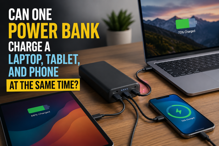 Can One Power Bank Charge A Laptop, Tablet, And Phone At The Same Time? A power bank on a desk charges a laptop, tablet, and smartphone simultaneously, all showing battery charging icons on their screens.