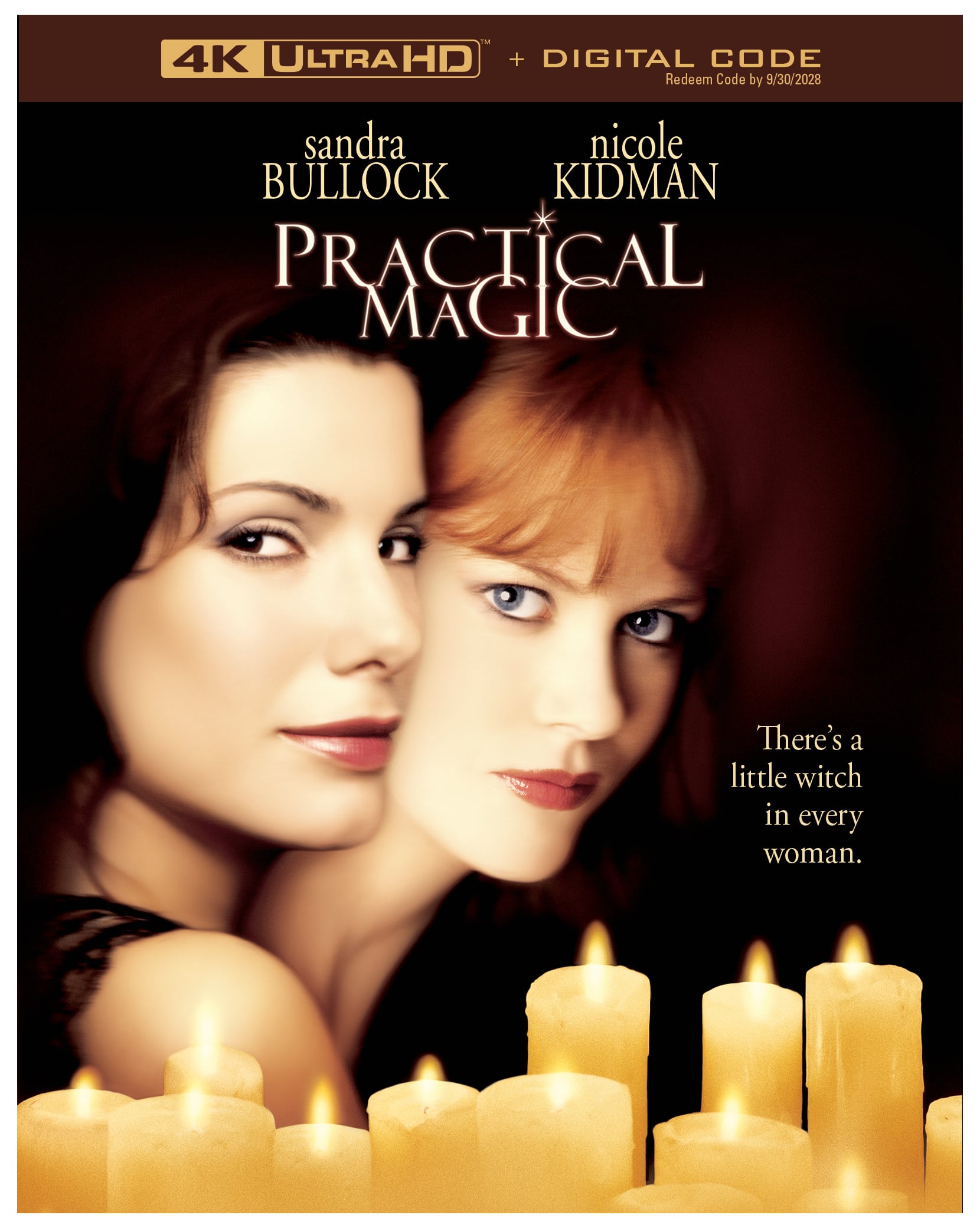 Two women, surrounded by glowing candles, feature on the "Practical Magic" 4K Ultra HD movie cover, starring Sandra Bullock and Nicole Kidman.