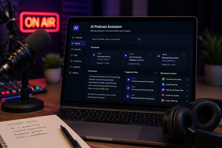 How AI Is Making Podcasts More Searchable And Reusable A laptop displays an AI podcast assistant app on a desk with a microphone, headphones, notepad, pen, and an illuminated “ON AIR” sign in the background.