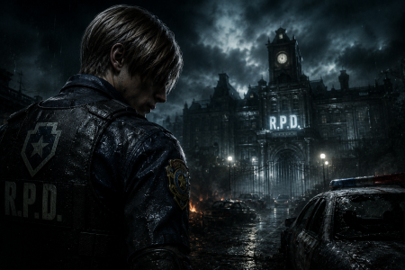 A person in an R.P.D. uniform stands in front of a dark, stormy police station, with abandoned cars and debris scattered around.