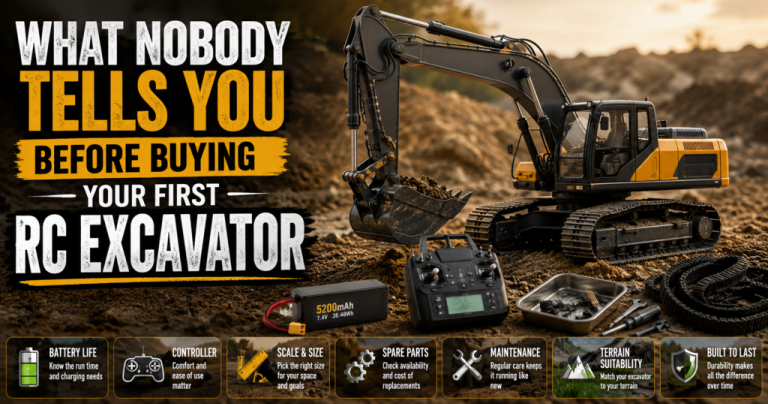 What Nobody Tells You Before Buying Your First RC Excavator A remote control excavator on a dirt site is shown with key buying tips listed, including battery life, controller, scale, spare parts, maintenance, terrain, and build quality.