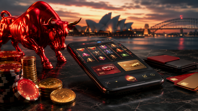 Raging Bull Casino: $2,500 Welcome Package, Pokies And AUD Banking For Aussies In 2026 A smartphone showing a casino game screen sits on a table with poker chips, gold coins, and a red bull statue; Sydney Opera House and Harbour Bridge are in the background at sunset.