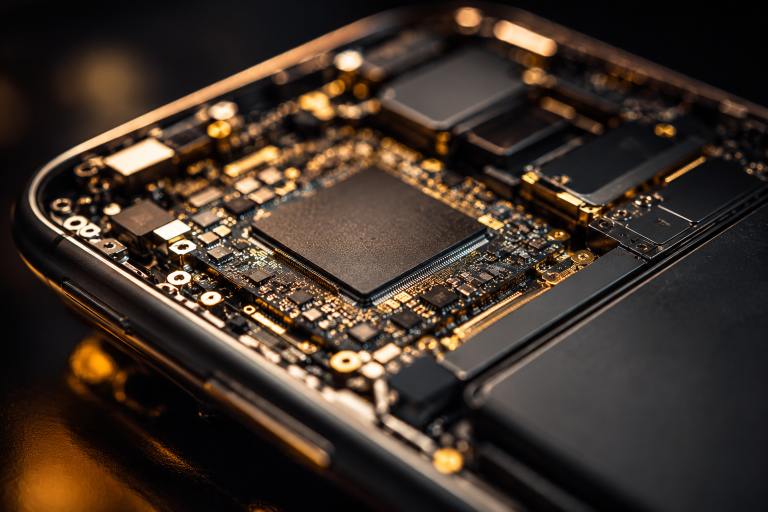 Reactive Mobile Frameworks: Optimizing Compilation Pipelines And High-Load Distributed Architecture Close-up view of a smartphone’s internal circuitry, showing the central processing chip and surrounding electronic components.