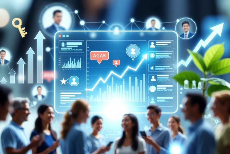 Recover Your Social Presence, Reconnect With Your Audience, And Grow Your Business Business professionals network in front of a digital screen displaying charts, graphs, and profile images, suggesting data analysis and corporate communication.