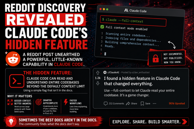 Reddit Discovery Revealed Claude Code’s Hidden Feature Reddit post reveals a hidden “--full-context” feature in Claude Code that enables more comprehensive codebase scanning, with highlighted text and illustrative icons.