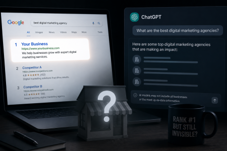 A laptop showing Google search results and a ChatGPT screen for "best digital marketing agency," with a question-mark house and a mug reading "Rank #1 but still invisible?" in the foreground.