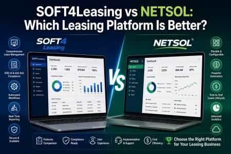 SOFT4Leasing vs NETSOL: Which Leasing Platform Is Better? Two laptops display dashboards for SOFT4Leasing and NETSOL leasing platforms, highlighting feature comparisons and a question about which platform is better for leasing businesses.