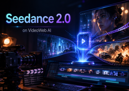 Make Short Films And Cinematic Videos With Seedance 2.0 on VideoWeb AI A digital studio setup shows “Seedance 2.0 on VideoWeb AI” on screen, with film reels, video editing software, and cinematic scenes displayed in a vibrant, futuristic style.