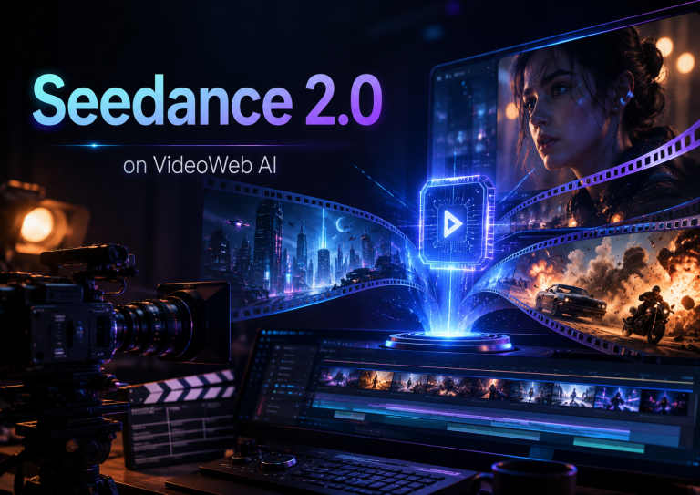 A digital studio setup shows “Seedance 2.0 on VideoWeb AI” on screen, with film reels, video editing software, and cinematic scenes displayed in a vibrant, futuristic style.