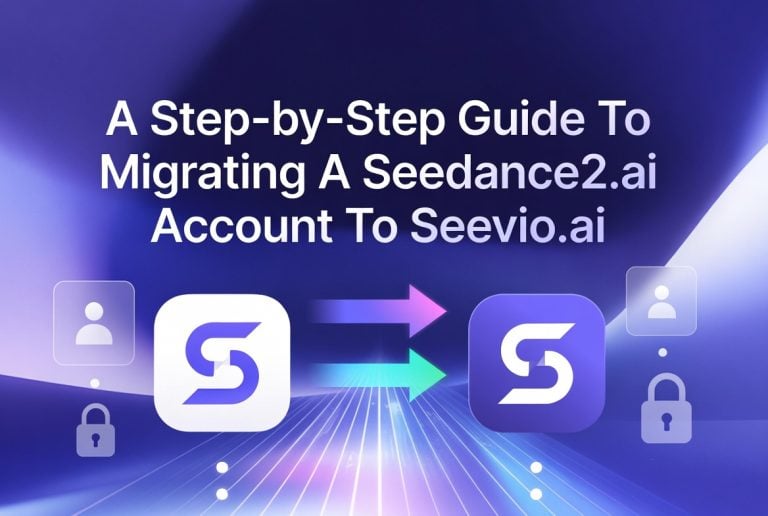 Two app logos with arrows between them, representing migration from Seedance2.ai to Seevio.ai, overlaid with icons of people and locks on a blue abstract background with text instructions.
