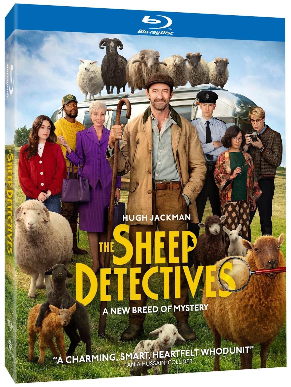 A group of people and several sheep stand in front of a van in a field; Blu-ray cover for "The Sheep Detectives" featuring Hugh Jackman.