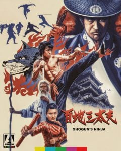Illustrated movie poster for "Shogun’s Ninja" featuring martial artists, a wolf, a castle, and Japanese kanji with dynamic action poses and traditional costumes. Arrow Video logo at bottom left.