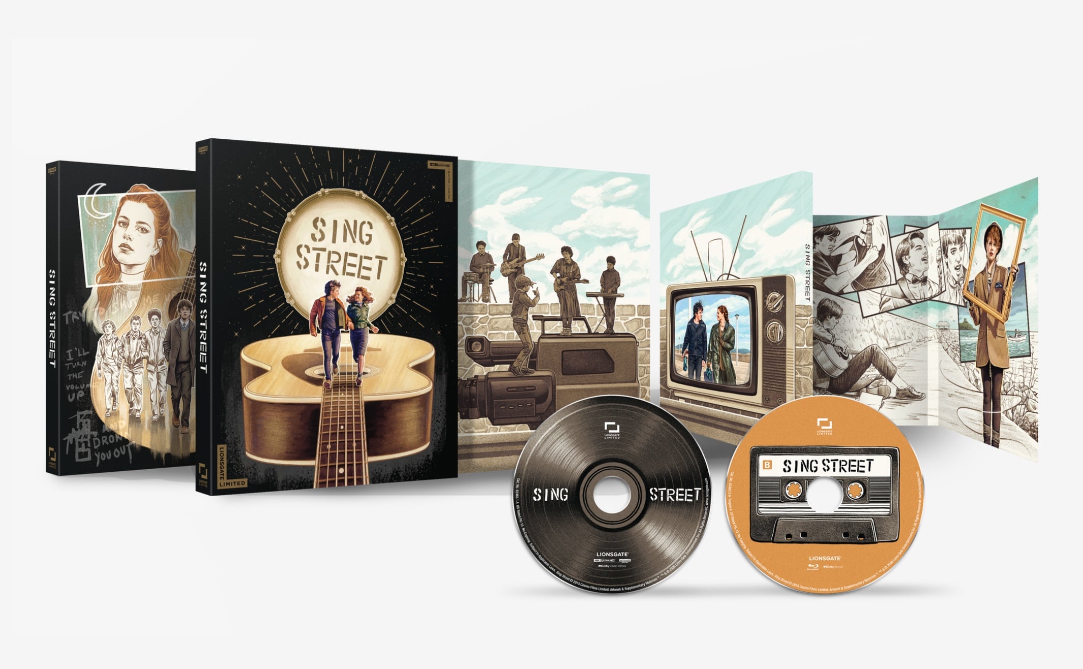 Sing Street special edition box set with illustrated packaging, inserts featuring band scenes, and two discs—one resembling a cassette tape, all displayed against a white background.