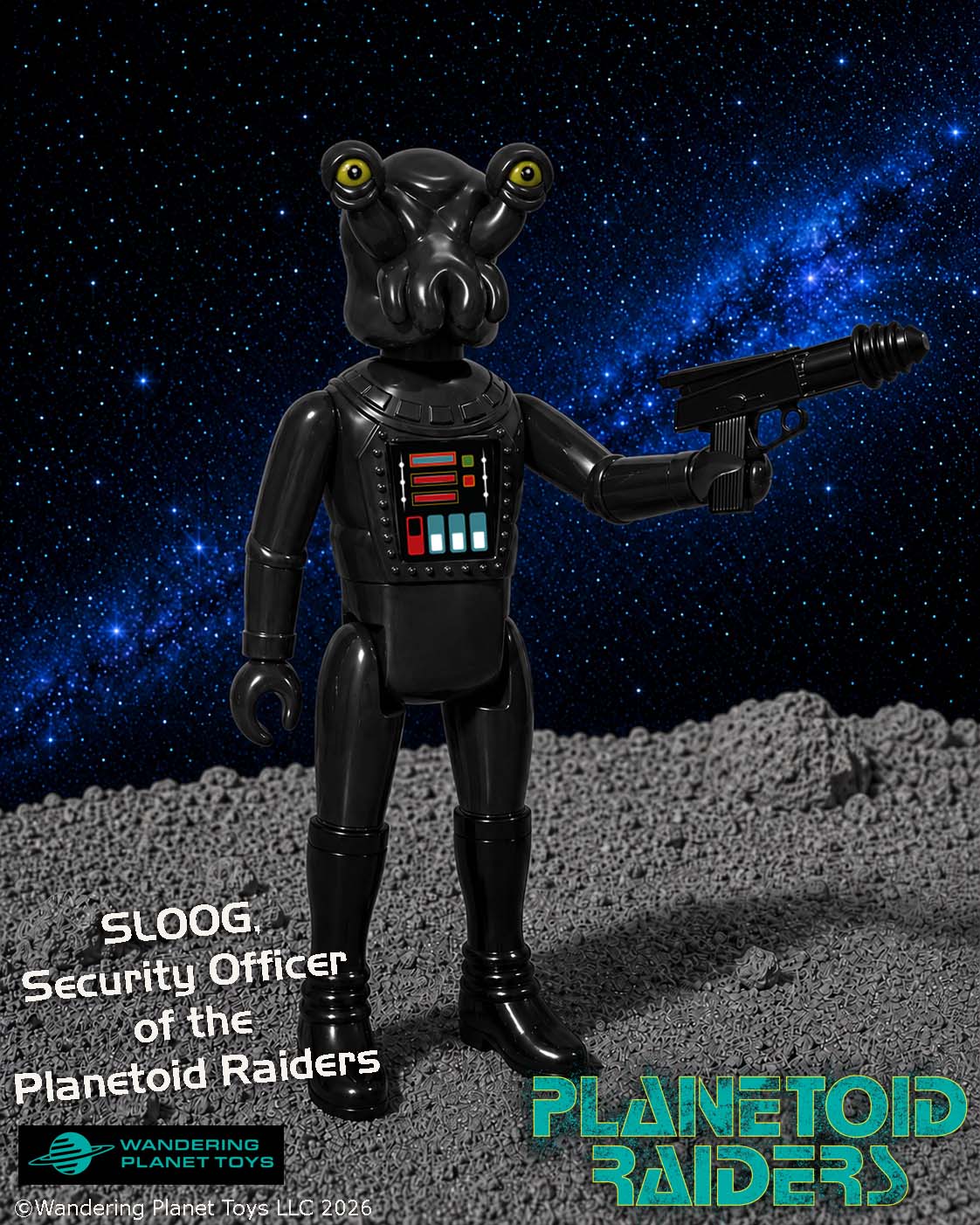 Toy figure of Sloog, a black-suited alien security officer holding a blaster, stands on a rocky surface with a starry space background. Text and logos are present.