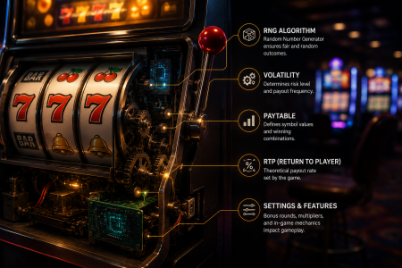 A slot machine with diagrams explaining RNG algorithm, volatility, paytable, RTP, and settings & features; a casino floor is visible in the background.