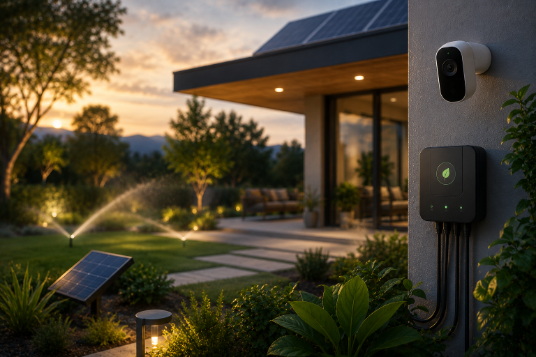 A backyard at sunset features solar panels, a smart irrigation controller, sprinklers watering the lawn, a security camera, and modern landscaping near a house.
