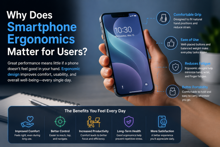 A person holds a smartphone, with text and icons highlighting ergonomic features like comfort, ease of use, reduced fatigue, and portability, along with daily user benefits listed below.