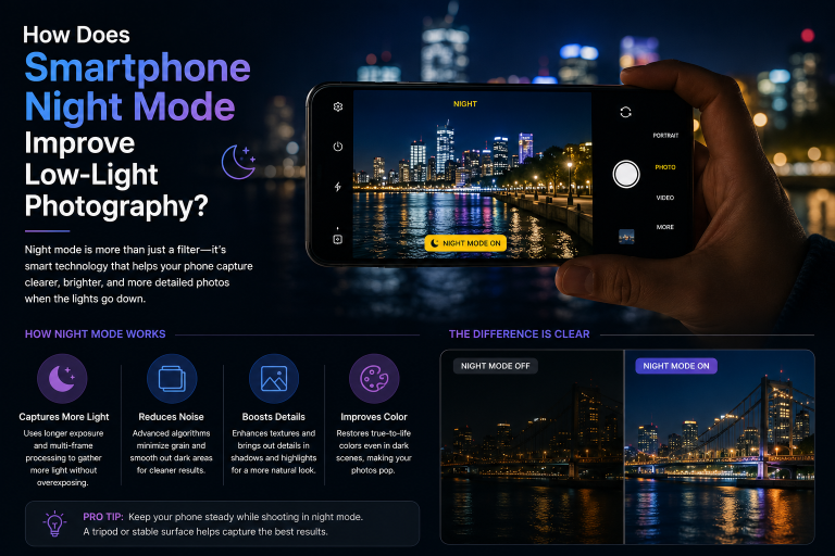 A person holds a smartphone using night mode to photograph a city skyline at night; comparison shows clearer, brighter image with night mode on.