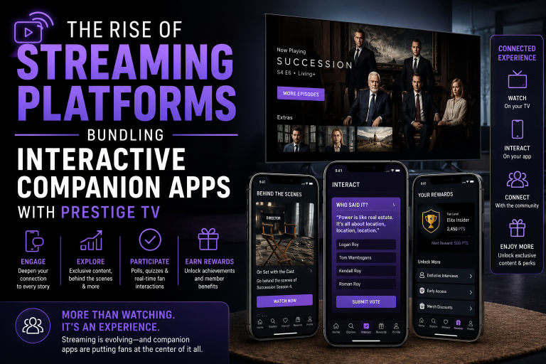 The Rise Of Streaming Platforms Bundling Interactive Companion Apps With Prestige TV Infographic showing the integration of interactive companion apps with streaming platforms, featuring TV show "Succession" and app features like rewards, polls, behind-the-scenes, and fan interaction.
