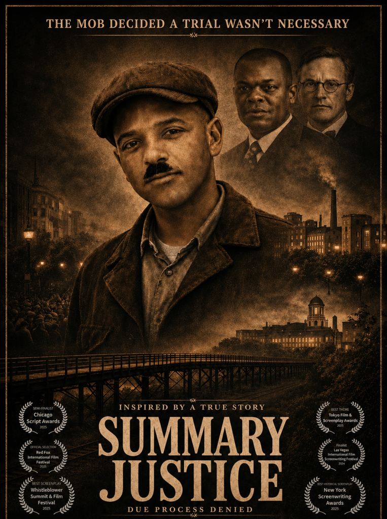 A sepia-toned movie poster shows three serious men above a cityscape with smokestacks. Text reads "Summary Justice: Due Process Denied" and highlights film festival selections.