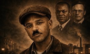 Three men in vintage clothing are shown with serious expressions; a cityscape with factories appears in the background under a sepia tone.