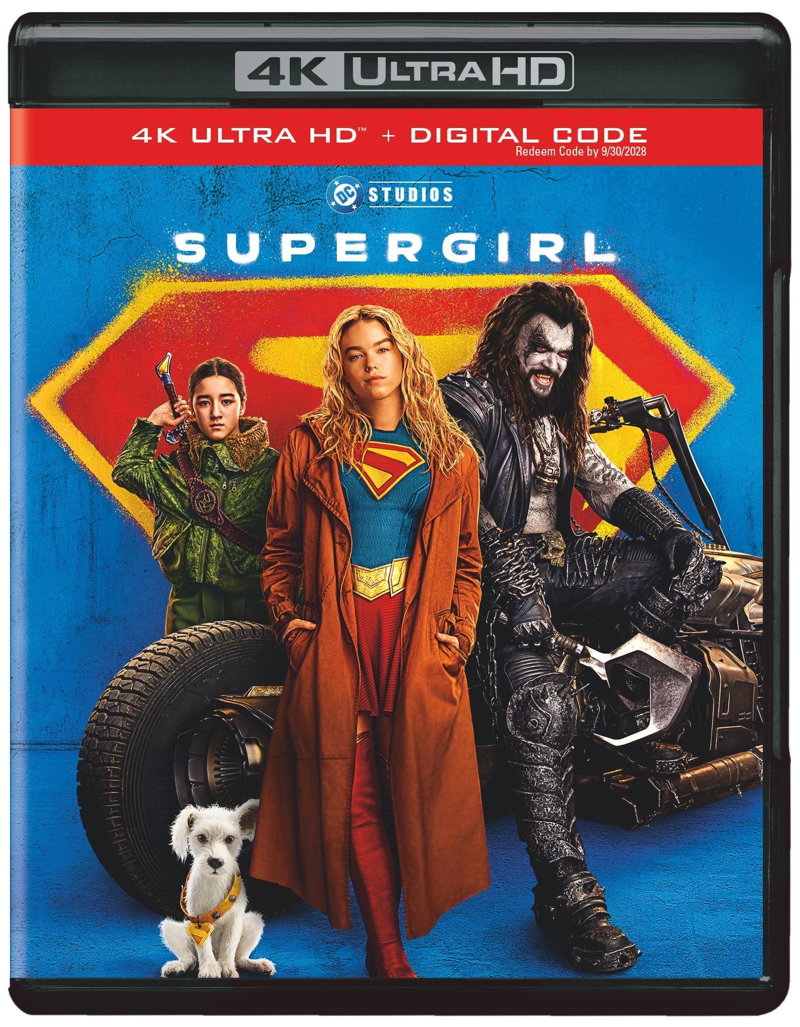 Three characters and a dog stand in front of a large Superman symbol; the DVD cover reads "Supergirl" and "4K Ultra HD + Digital Code.