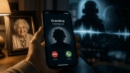 A hand holds a smartphone showing an incoming call from "Grandma." Next to the phone is a framed photo of an elderly woman and an illustration of a digital voice waveform.