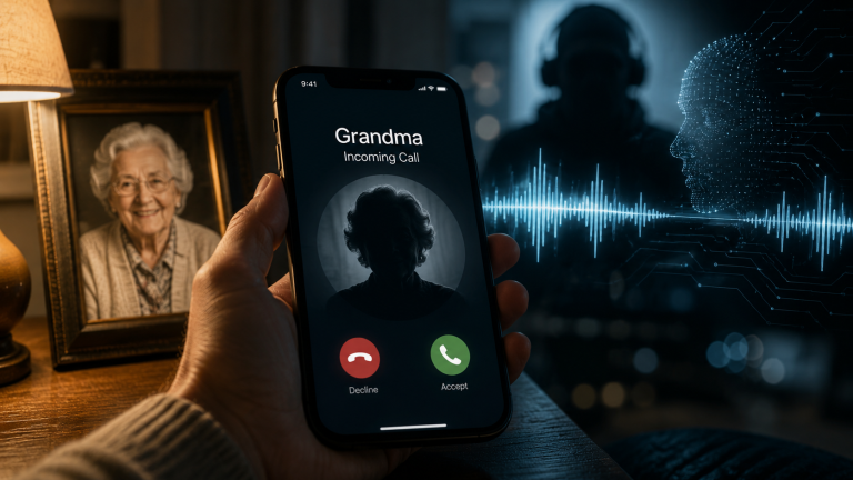 Your Grandma’s Voice on The Phone Might Not Be Your Grandma: The Weird New Era of AI Robocalls A hand holds a smartphone showing an incoming call from "Grandma." Next to the phone is a framed photo of an elderly woman and an illustration of a digital voice waveform.