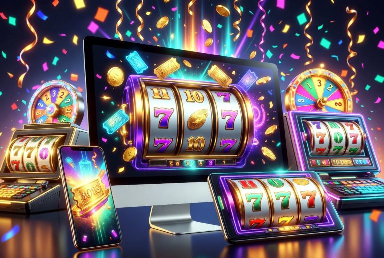 Colorful digital illustration of online slot machines on various devices, with gold coins, confetti, and jackpot symbols displayed on screens.