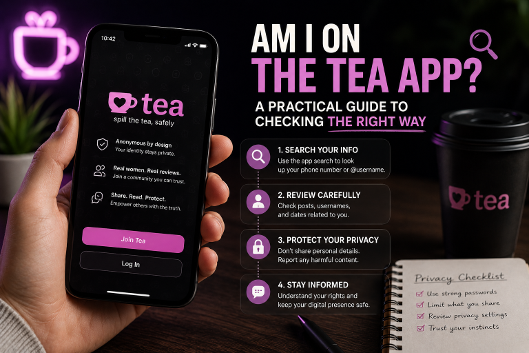 Am I on The Tea App? A Practical Guide To Checking The Right Way A person holds a phone displaying a tea app, with safety tips on the side, a coffee cup, and a privacy checklist on a notepad in the background.