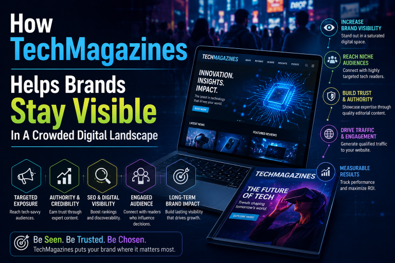 How TechMagazines Helps Brands Stay Visible In A Crowded Digital Landscape A laptop and magazine display TechMagazines’ site; text highlights benefits for brand visibility, audience reach, traffic, engagement, and measurable results in digital marketing.