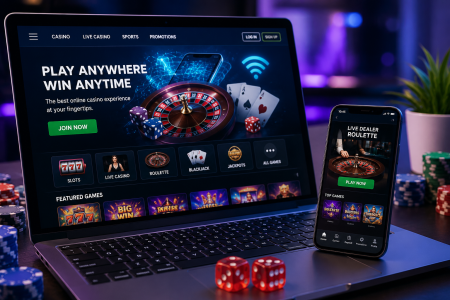 Laptop and smartphone display an online casino website with roulette, slot games, and poker chips on a table.