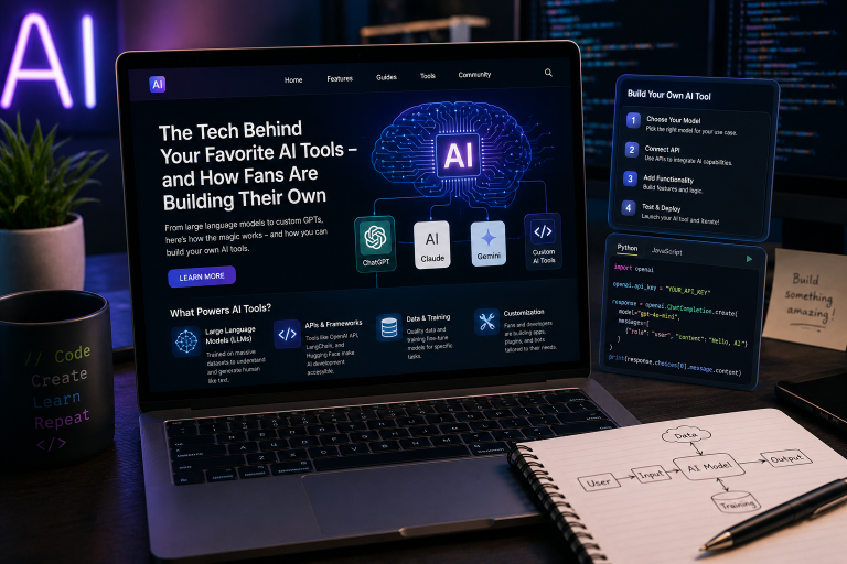 The Tech Behind Your Favorite AI Tools – And How Fans Are Building Their Own A laptop displays an AI tools website. Nearby are a notebook with a diagram, a pen, sticky notes, and a monitor with text: "Code Create Learn Repeat." Ambient lighting is purple and blue.