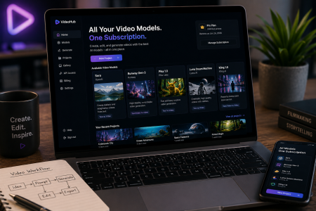 Consolidating Multiple Video Models Under One Subscription A laptop displays a video AI platform dashboard; a smartphone shows a related app. Nearby are a notebook, pen, and pencil. A neon sign and books are in the background.