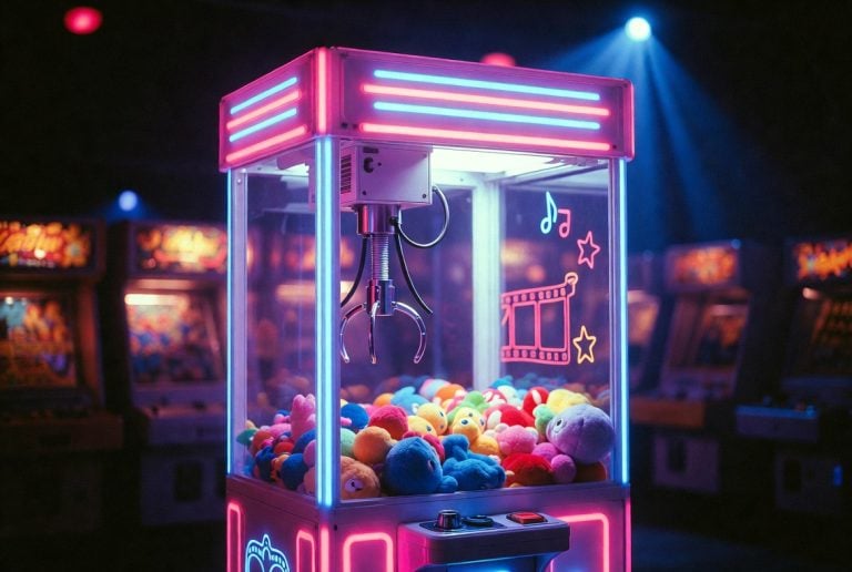 A claw machine filled with colorful plush toys is lit by neon lights in an arcade, with arcade game machines visible in the blurry background.