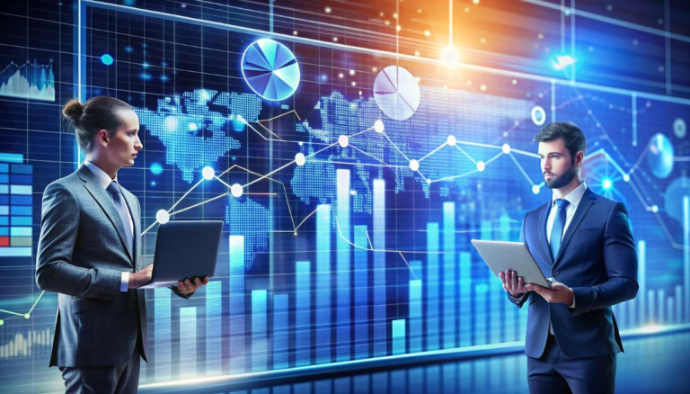 The Data Product Operating Model: How Enterprises Turn Data Assets into Business Capabilities Two business professionals with laptops stand in front of a large digital screen displaying charts, graphs, and world maps, suggesting a data analysis or financial discussion setting.