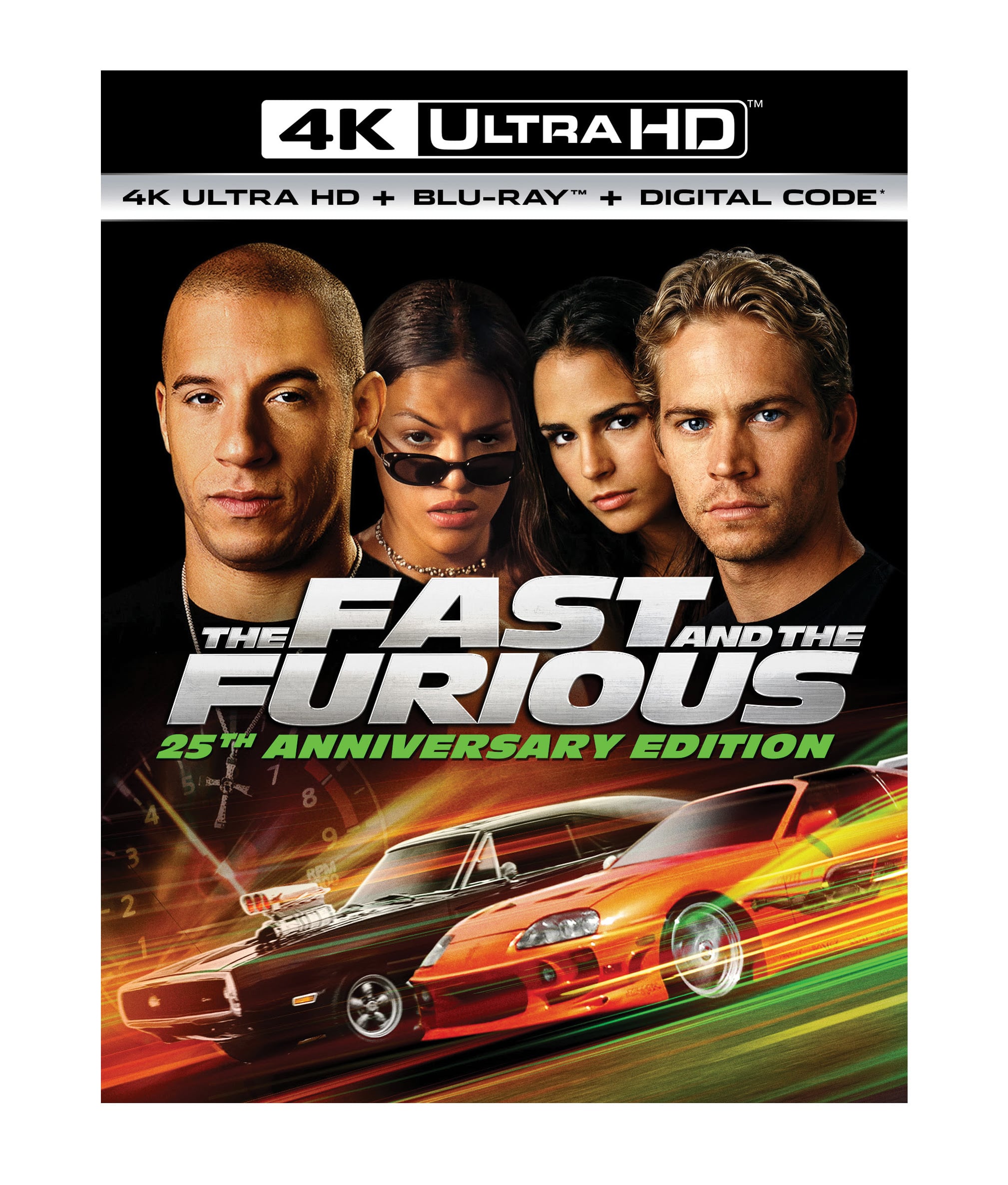 Cover of "The Fast and the Furious 25th Anniversary Edition" 4K Ultra HD featuring four main characters and two racing cars with motion blur effects.