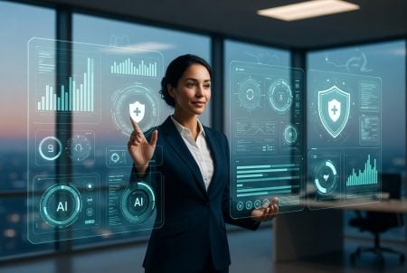 The Future of Secure AI Careers In The Federal Workforce A businesswoman interacts with virtual medical and AI data interfaces in a modern office with city views at sunset.