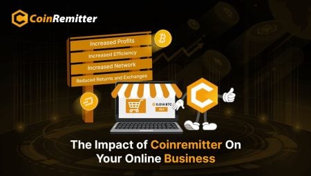 A graphic showing the benefits of Coinremitter for online businesses, including increased profits, efficiency, network, and reduced returns and exchanges.