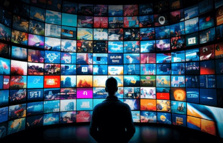 The Role of Technology In Modern Digital Entertainment A person sits in a dark room facing a large curved wall filled with multiple brightly-lit screens displaying diverse images and videos.