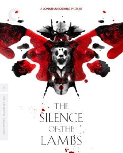Movie poster for "The Silence of the Lambs" featuring a red and black inkblot with a masked face in the center and the film title below.