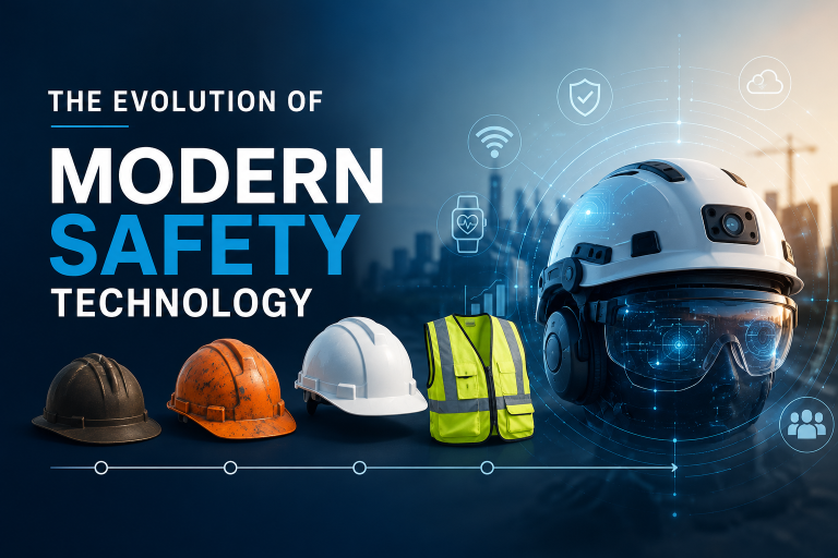 The Evolution of Modern Safety Technology Four safety helmets and a vest evolve from old to high-tech gear with a city skyline and digital icons in the background. Text reads: "The Evolution of Modern Safety Technology.