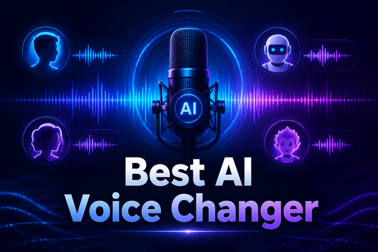 A microphone labeled "AI" is centered among digital avatars and sound waves, with the text "Best AI Voice Changer" displayed below.