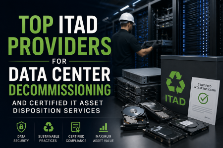 A technician works in a data center with servers. Foreground shows hard drives, ITAD materials, and a sign for certified data destruction and decommissioning services.